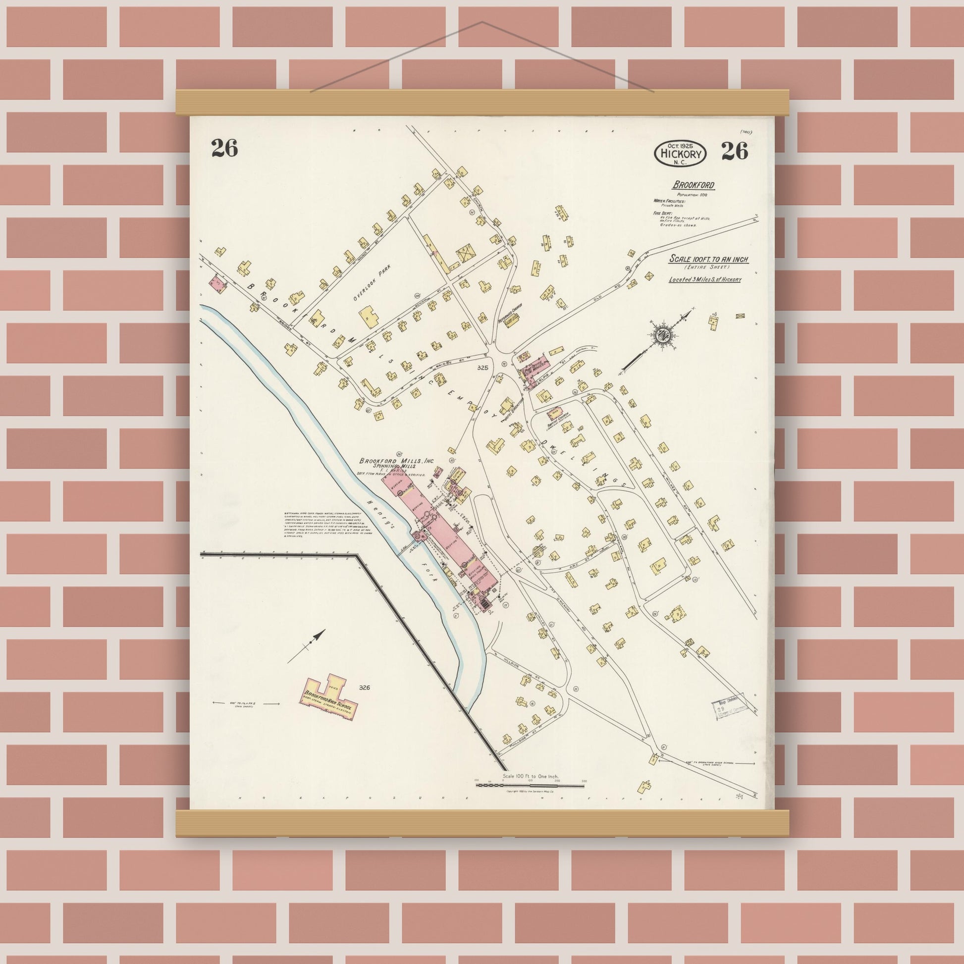Old map wall art mockup — magnetic wood frame on brick wall — Sanborn Fire Insurance Map from Hickory, Catawba County, North Carolina (1925), Sheet #0026