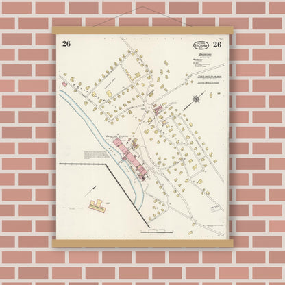 Old map wall art mockup — magnetic wood frame on brick wall — Sanborn Fire Insurance Map from Hickory, Catawba County, North Carolina (1925), Sheet #0026