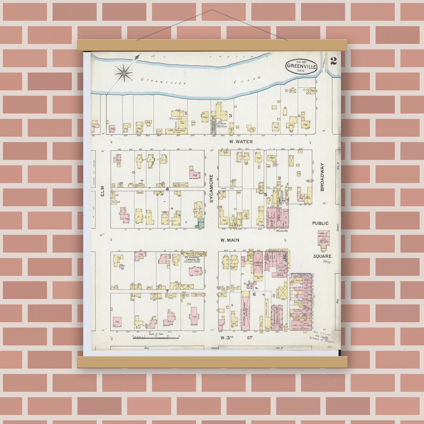 Old map wall art mockup — magnetic wood frame on brick wall — Sanborn Fire Insurance Map from Greenville, Darke County, Ohio (1887), Sheet #0002