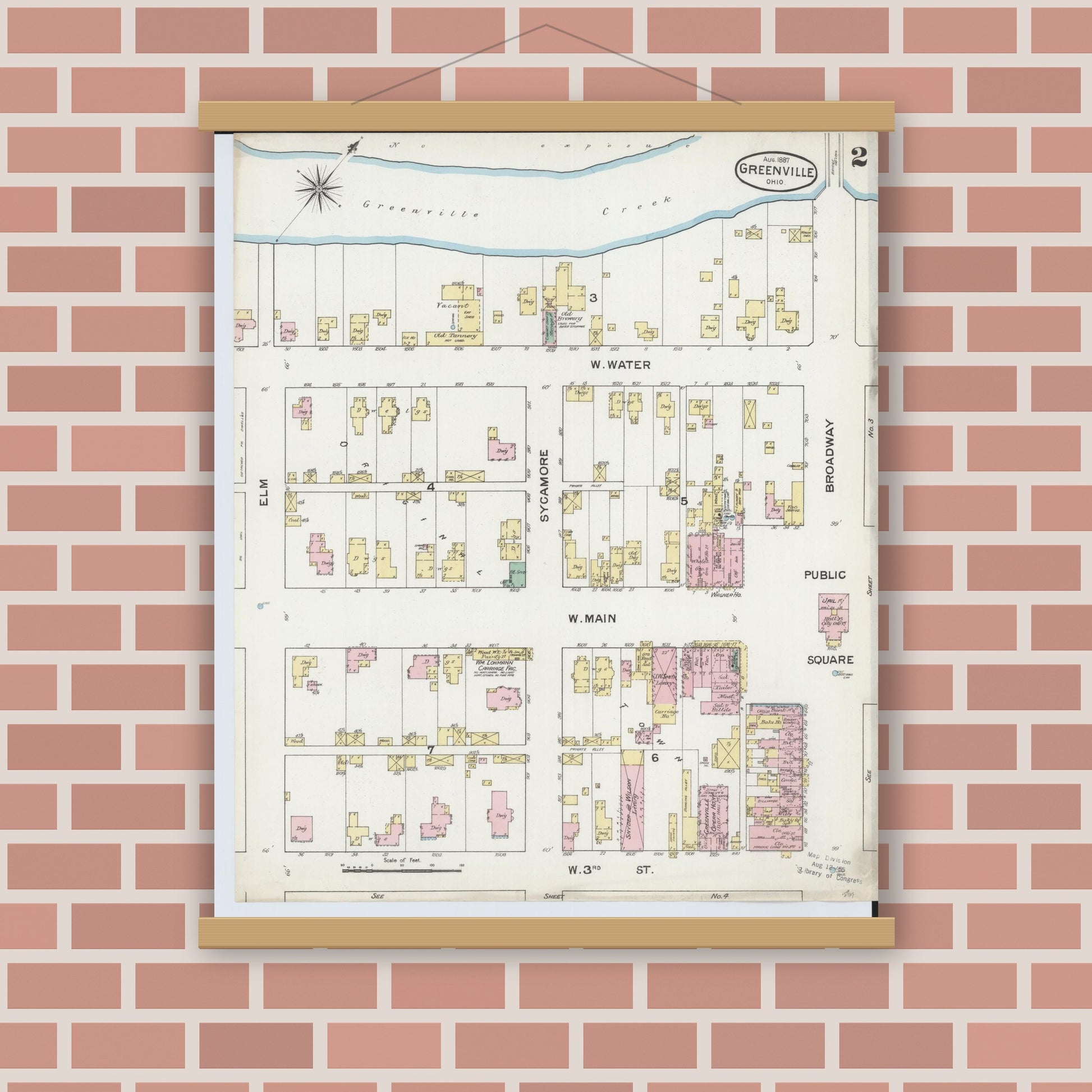 Old map wall art mockup — magnetic wood frame on brick wall — Sanborn Fire Insurance Map from Greenville, Darke County, Ohio (1887), Sheet #0002