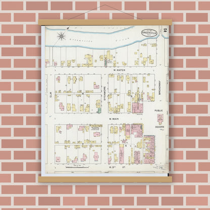 Old map wall art mockup — magnetic wood frame on brick wall — Sanborn Fire Insurance Map from Greenville, Darke County, Ohio (1887), Sheet #0002