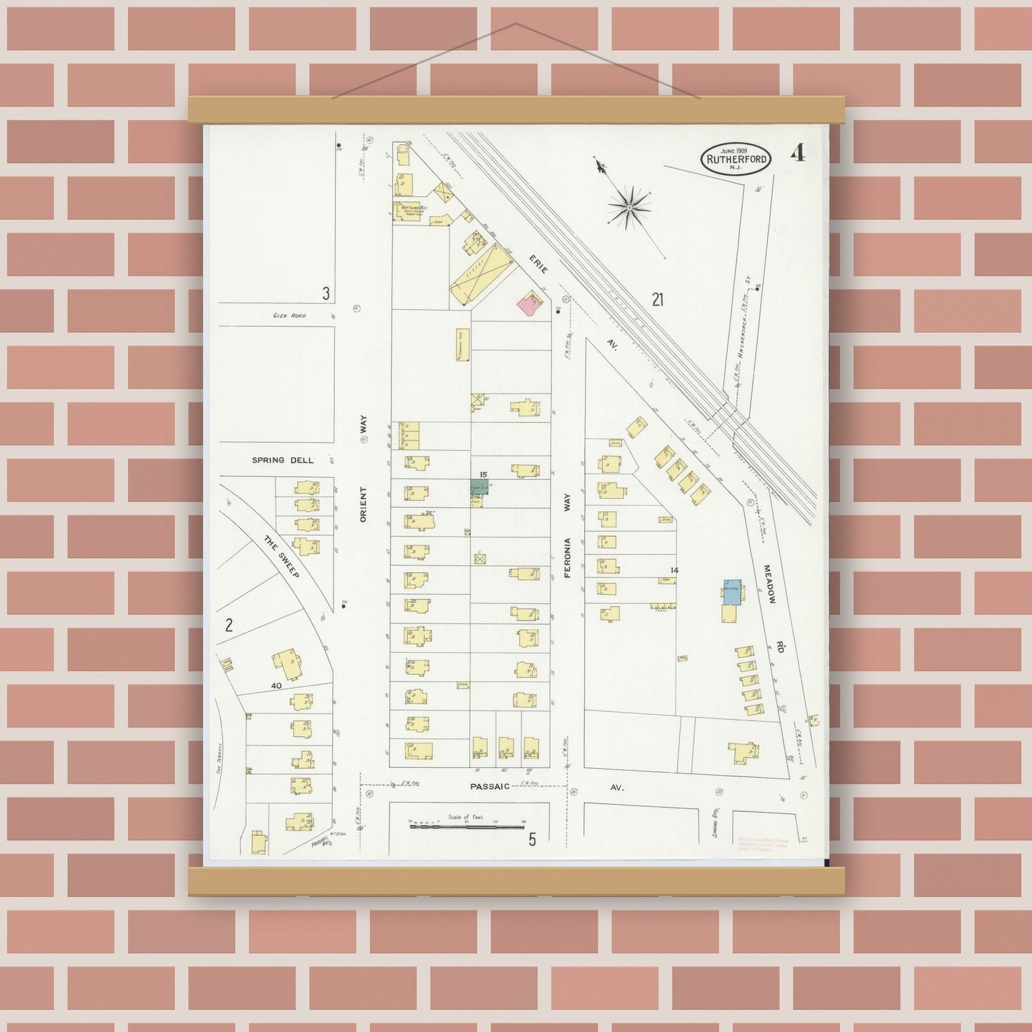 Old map wall art mockup — magnetic wood frame on brick wall — Sanborn Fire Insurance Map from Rutherford, Bergen County, New Jersey (1909), Sheet #0004