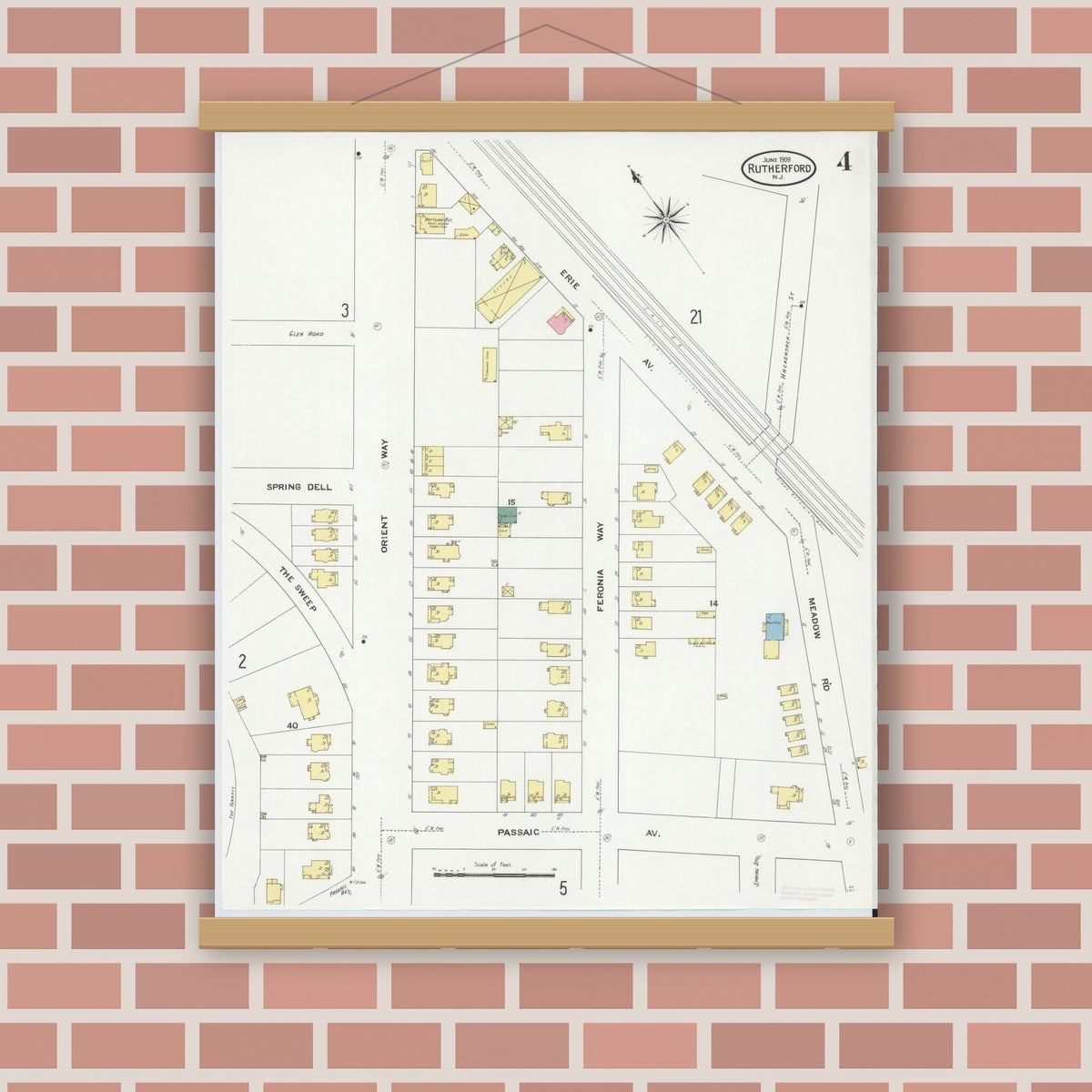 Old map wall art mockup — magnetic wood frame on brick wall — Sanborn Fire Insurance Map from Rutherford, Bergen County, New Jersey (1909), Sheet #0004