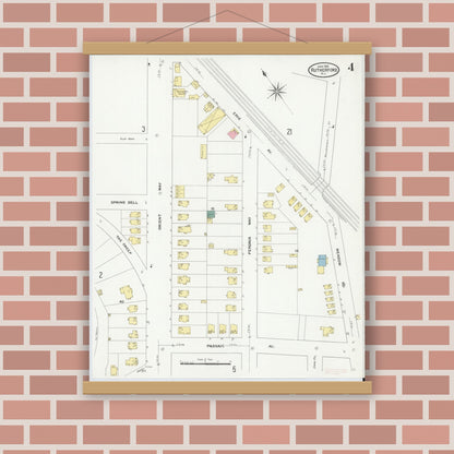 Old map wall art mockup — magnetic wood frame on brick wall — Sanborn Fire Insurance Map from Rutherford, Bergen County, New Jersey (1909), Sheet #0004