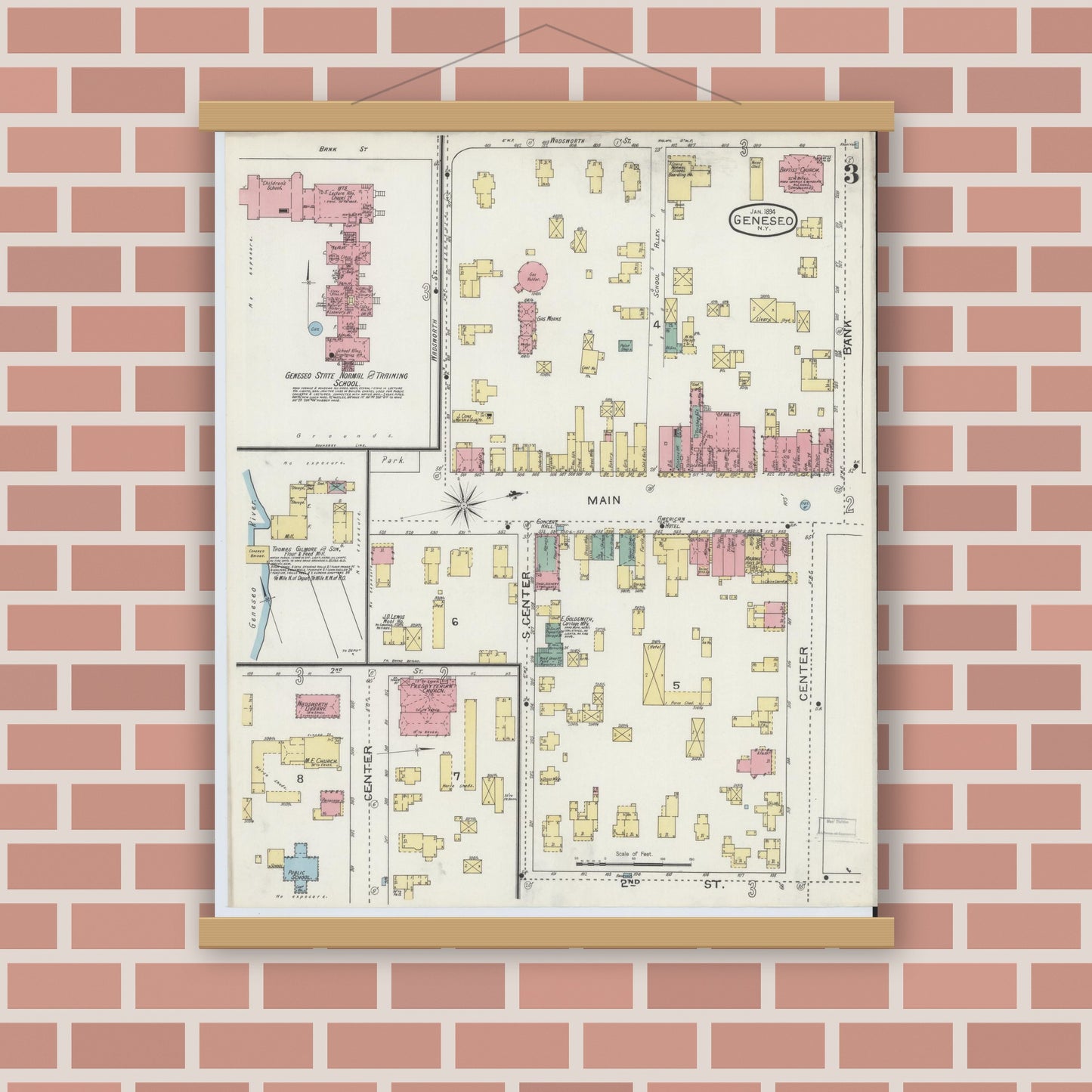 Old map wall art mockup — magnetic wood frame on brick wall — Sanborn Fire Insurance Map from Geneseo, Livingston County, New York (1894), Sheet #0003