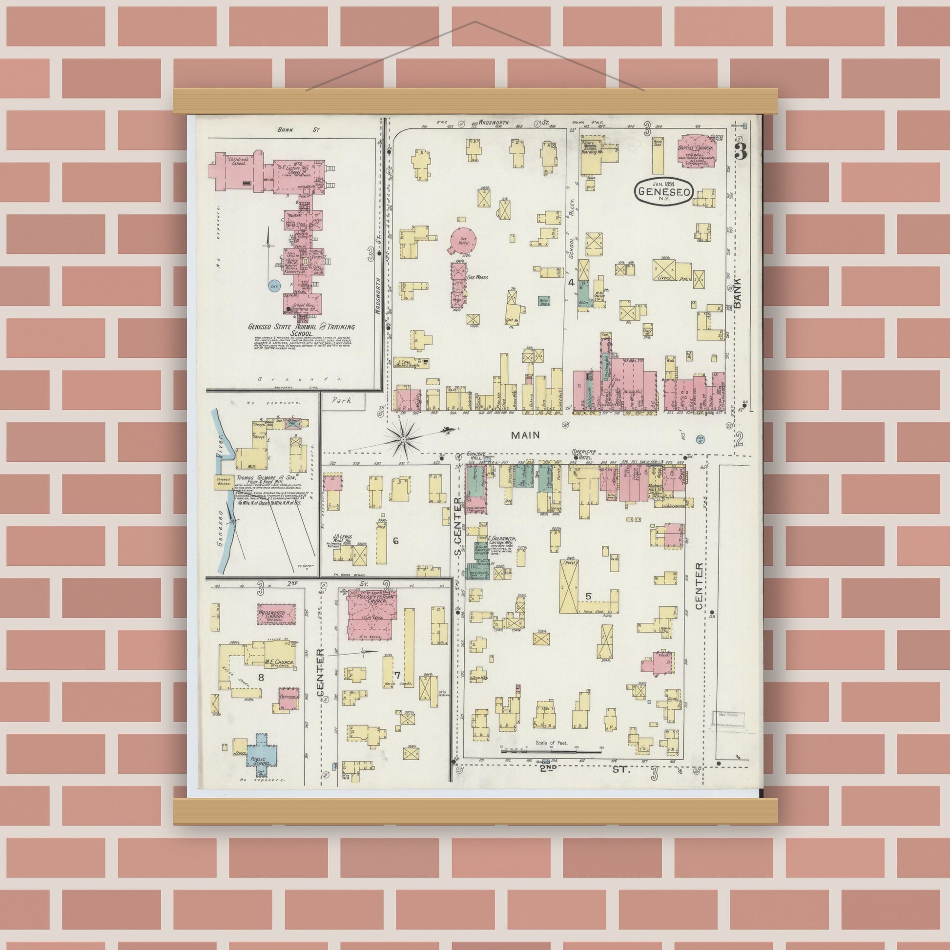 Old map wall art mockup — magnetic wood frame on brick wall — Sanborn Fire Insurance Map from Geneseo, Livingston County, New York (1894), Sheet #0003