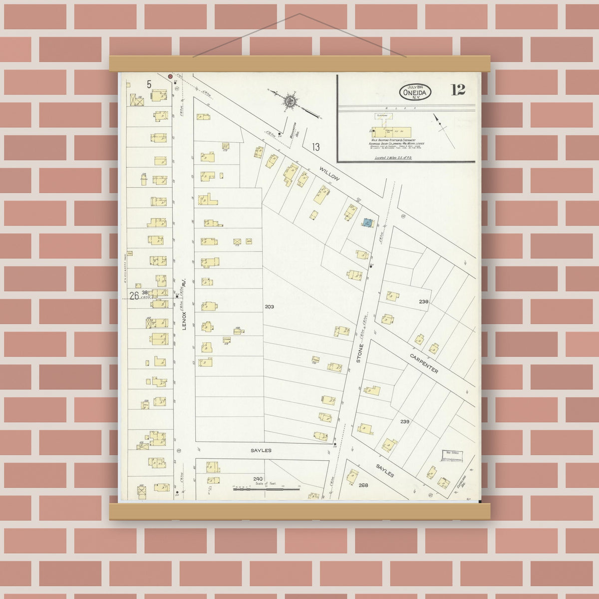 Old map wall art mockup — magnetic wood frame on brick wall — Sanborn Fire Insurance Map from Oneida, Madison County, New York (1914), Sheet #0012