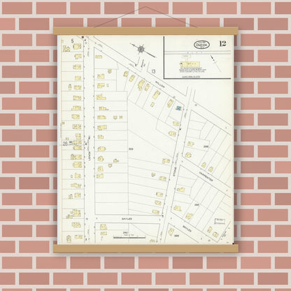 Old map wall art mockup — magnetic wood frame on brick wall — Sanborn Fire Insurance Map from Oneida, Madison County, New York (1914), Sheet #0012