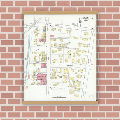 Old map wall art mockup — magnetic wood frame on brick wall — Sanborn Fire Insurance Map from Clinton, Worcester County, Massachusetts (1919), Sheet #0012