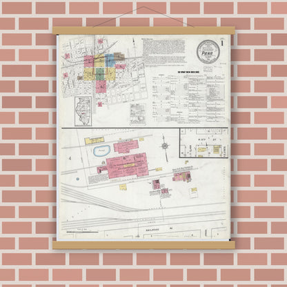 Old map wall art mockup — magnetic wood frame on brick wall — Sanborn Fire Insurance Map from Pana, Christian County, Illinois (1916), Sheet #0001