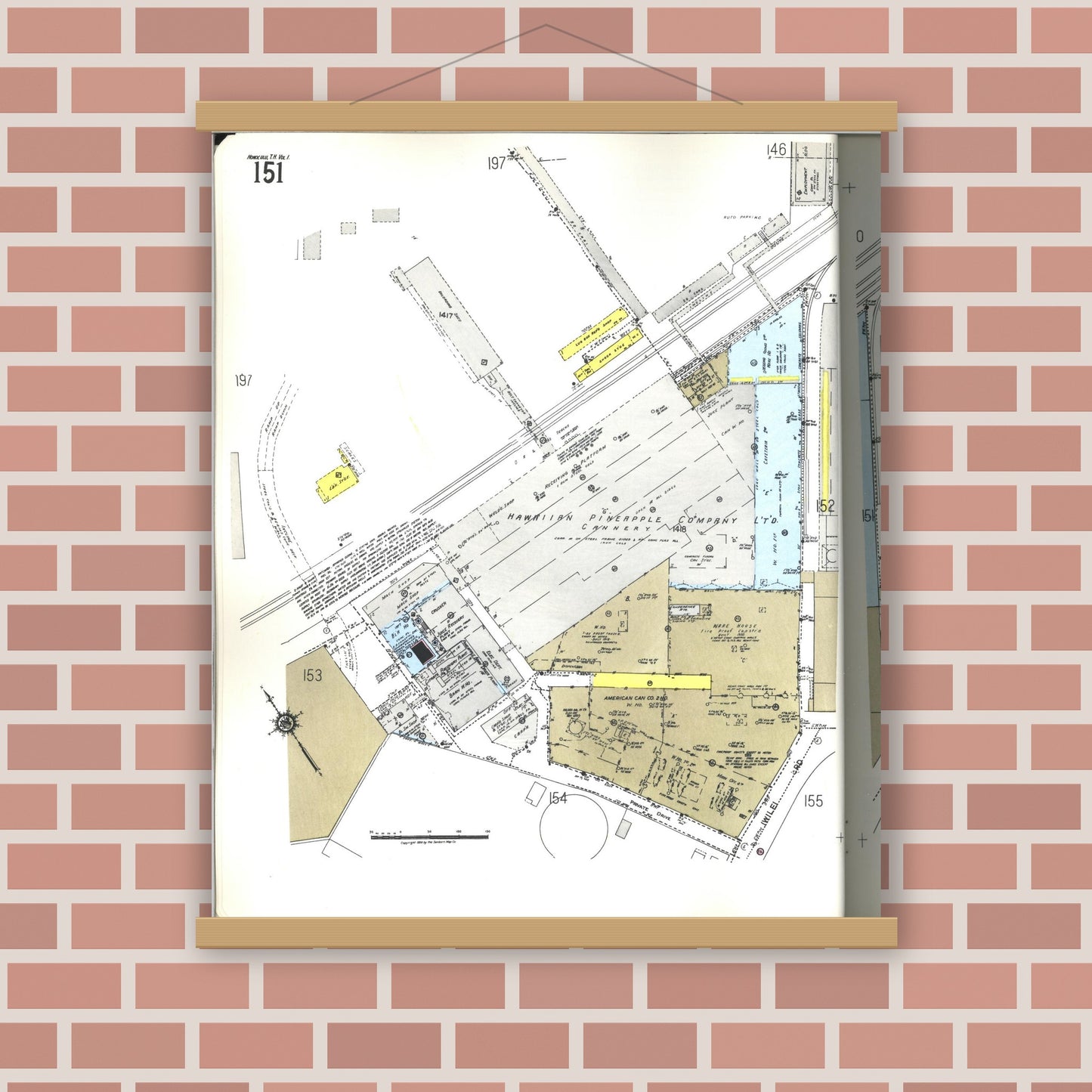Old map wall art mockup — magnetic wood frame on brick wall — Sanborn Fire Insurance Map from Honolulu, Oahu County, Hawaii (1955), Sheet #0151