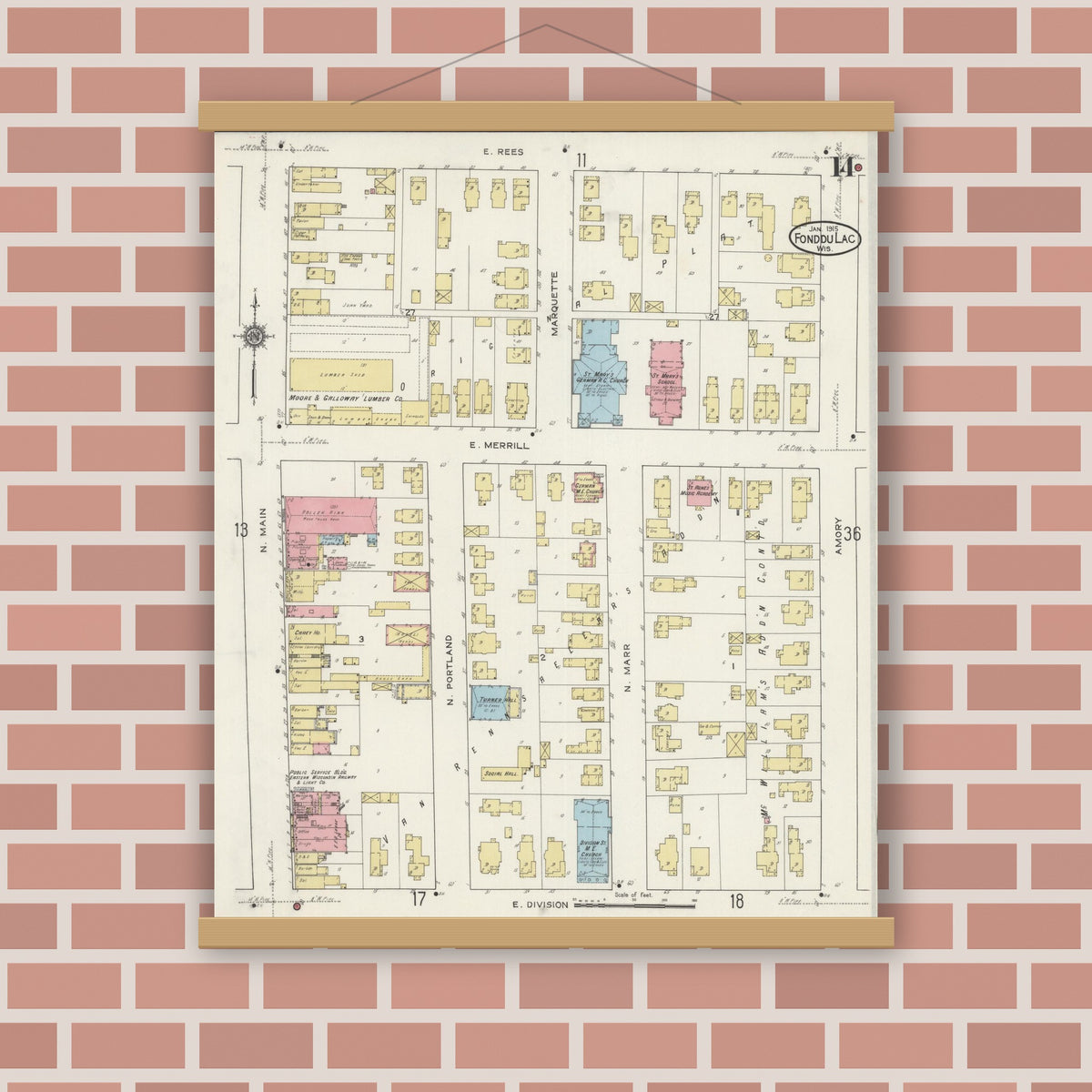 Old map wall art mockup — magnetic wood frame on brick wall — Sanborn Fire Insurance Map from Fond du Lac, Fond du Lac County, Wisconsin (1915), Sheet #0014