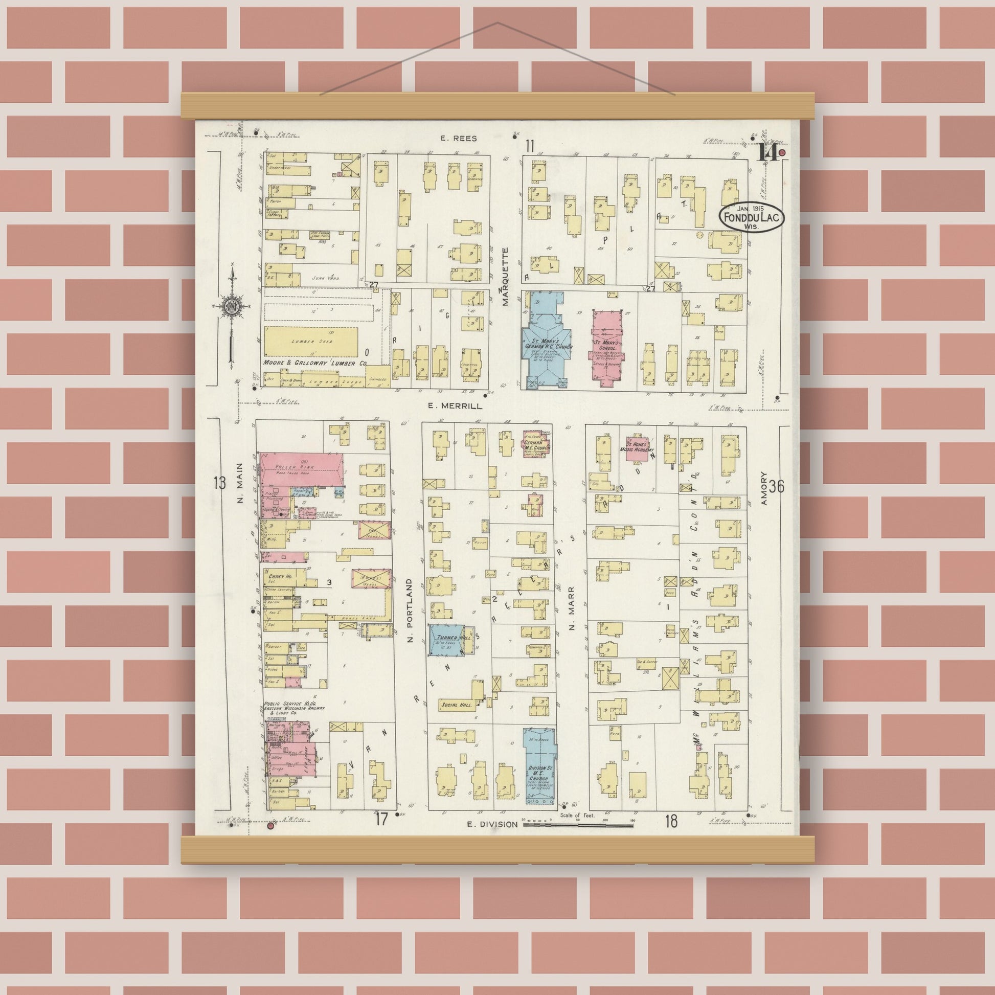 Old map wall art mockup — magnetic wood frame on brick wall — Sanborn Fire Insurance Map from Fond du Lac, Fond du Lac County, Wisconsin (1915), Sheet #0014