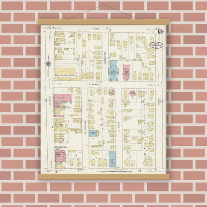 Old map wall art mockup — magnetic wood frame on brick wall — Sanborn Fire Insurance Map from Fond du Lac, Fond du Lac County, Wisconsin (1915), Sheet #0014
