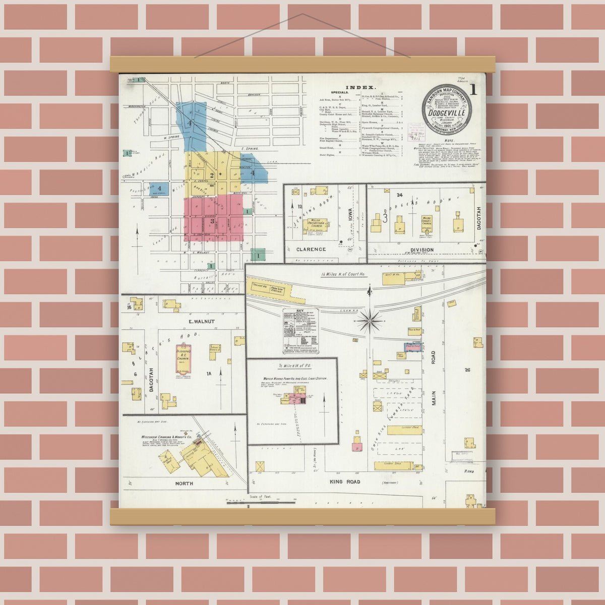 Old map wall art mockup — magnetic wood frame on brick wall — Sanborn Fire Insurance Map from Dodgeville, Iowa County, Wisconsin (1905) - Complete Map Set