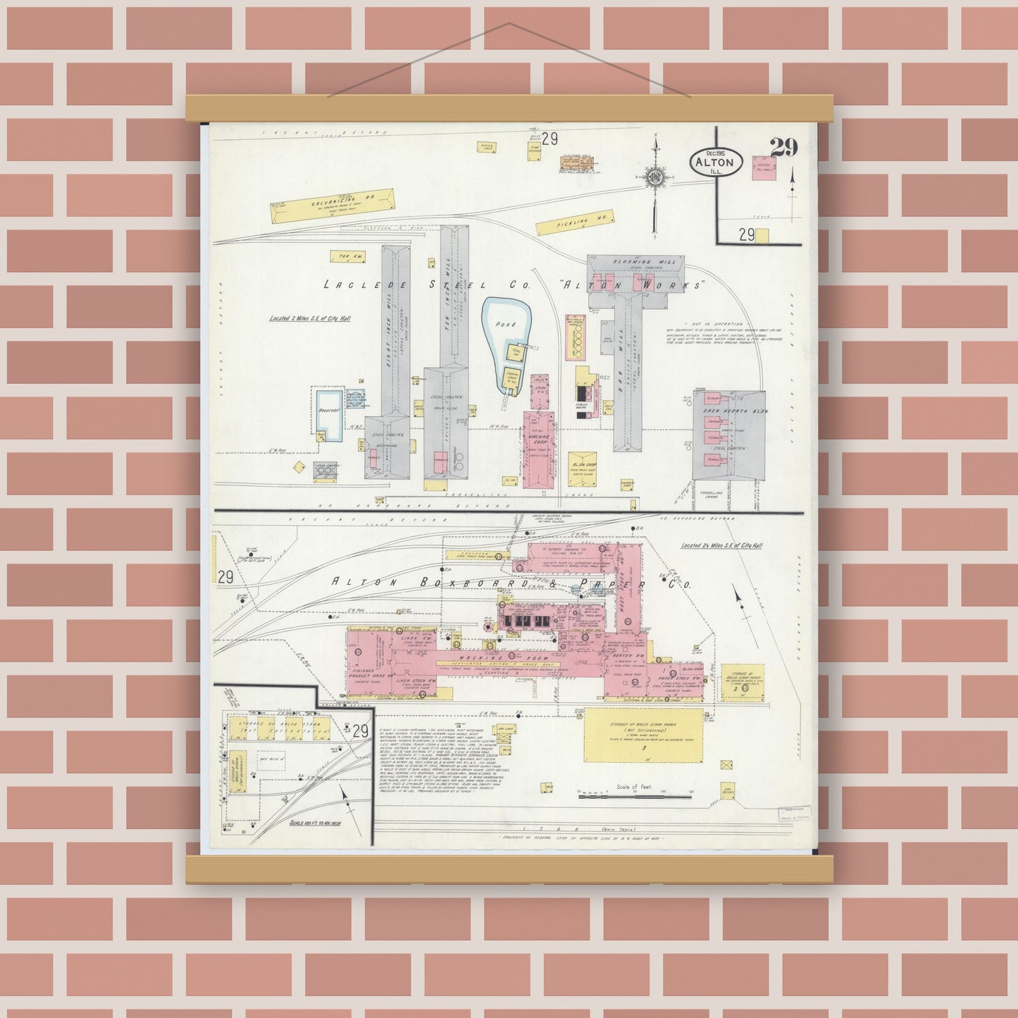 Old map wall art mockup — magnetic wood frame on brick wall — Sanborn Fire Insurance Map from Alton, Madison County, Illinois (1915), Sheet #0029