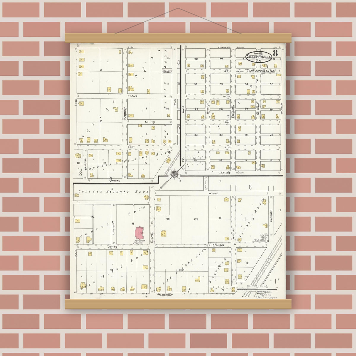 Old map wall art mockup — magnetic wood frame on brick wall — Sanborn Fire Insurance Map from Stephenville, Erath County, Texas (1921), Sheet #0008