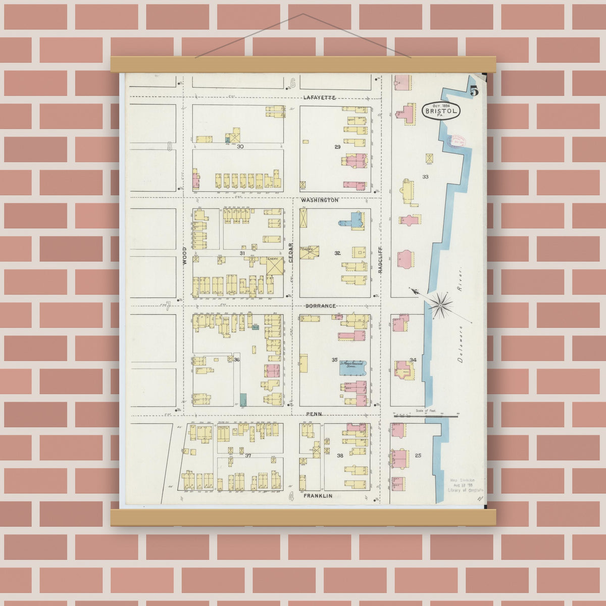 Old map wall art mockup — magnetic wood frame on brick wall — Sanborn Fire Insurance Map from Bristol, Bucks County, Pennsylvania (1894), Sheet #0005