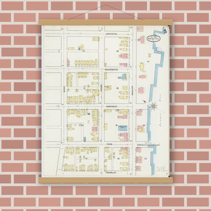Old map wall art mockup — magnetic wood frame on brick wall — Sanborn Fire Insurance Map from Bristol, Bucks County, Pennsylvania (1894), Sheet #0005