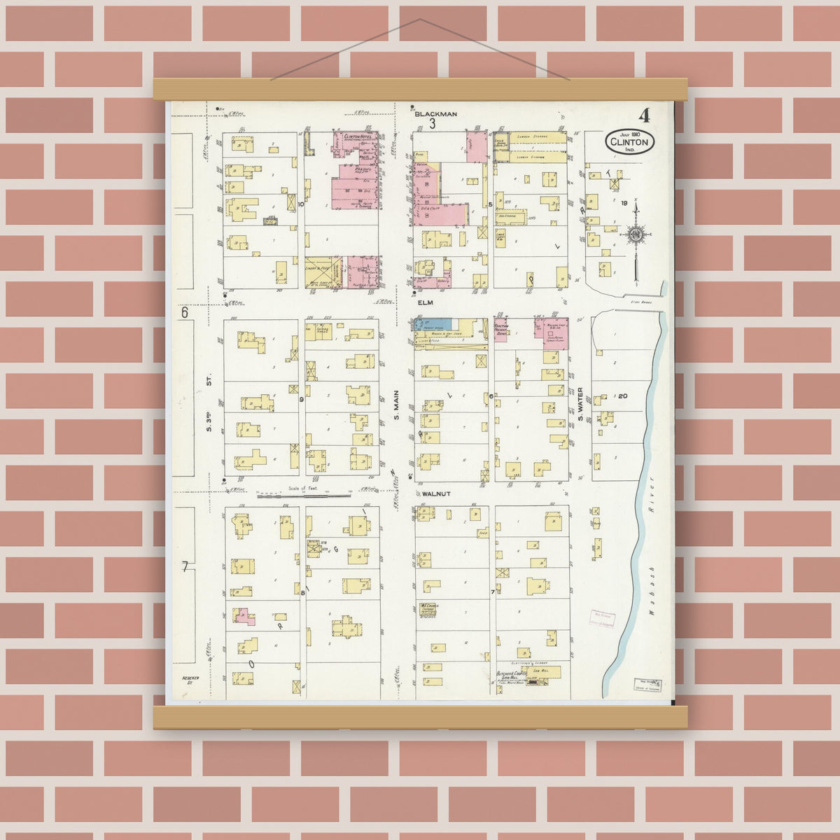 Old map wall art mockup — magnetic wood frame on brick wall — Sanborn Fire Insurance Map from Clinton, Vermillion County, Indiana (1910), Sheet #0004