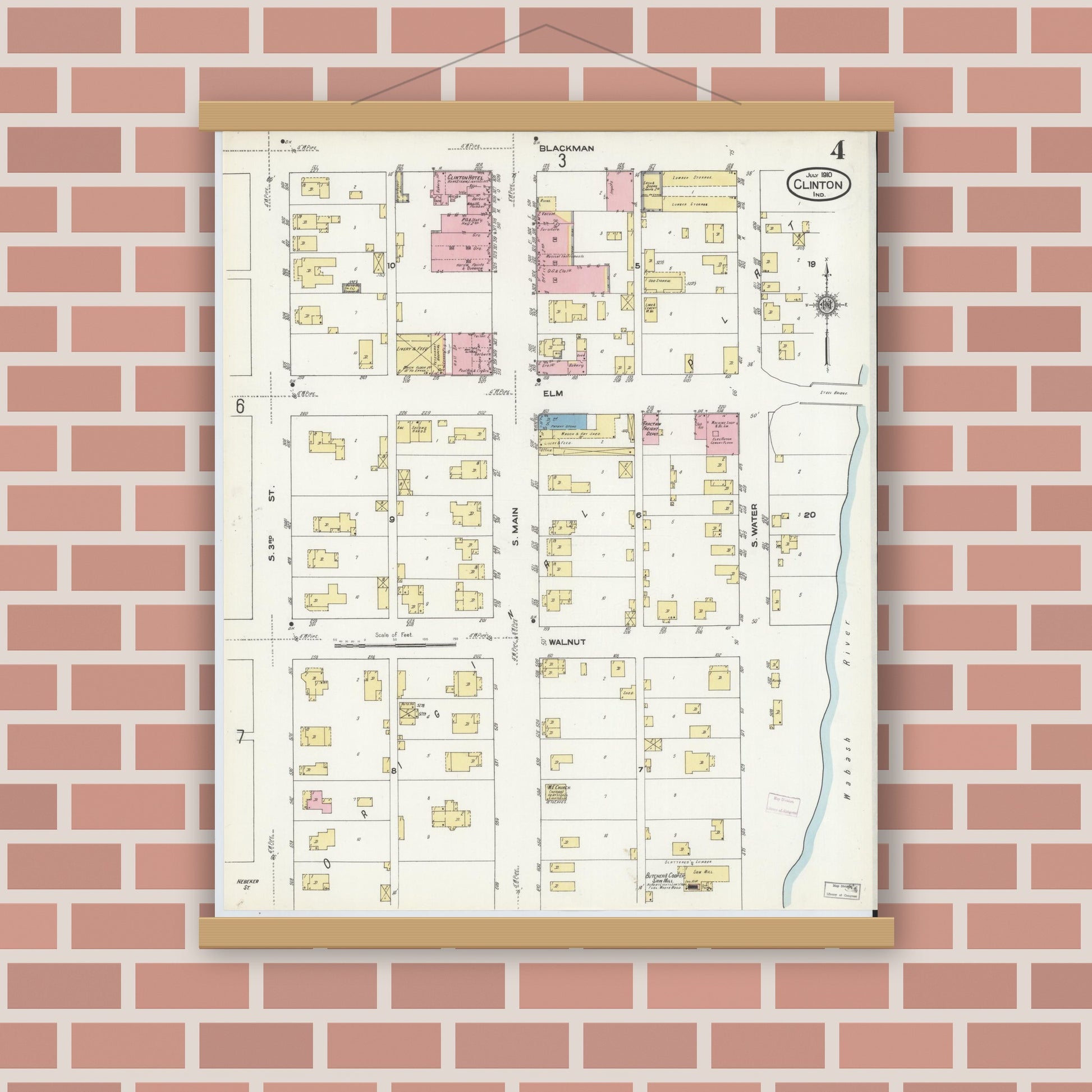 Old map wall art mockup — magnetic wood frame on brick wall — Sanborn Fire Insurance Map from Clinton, Vermillion County, Indiana (1910), Sheet #0004