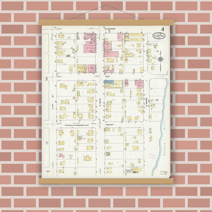 Old map wall art mockup — magnetic wood frame on brick wall — Sanborn Fire Insurance Map from Clinton, Vermillion County, Indiana (1910), Sheet #0004