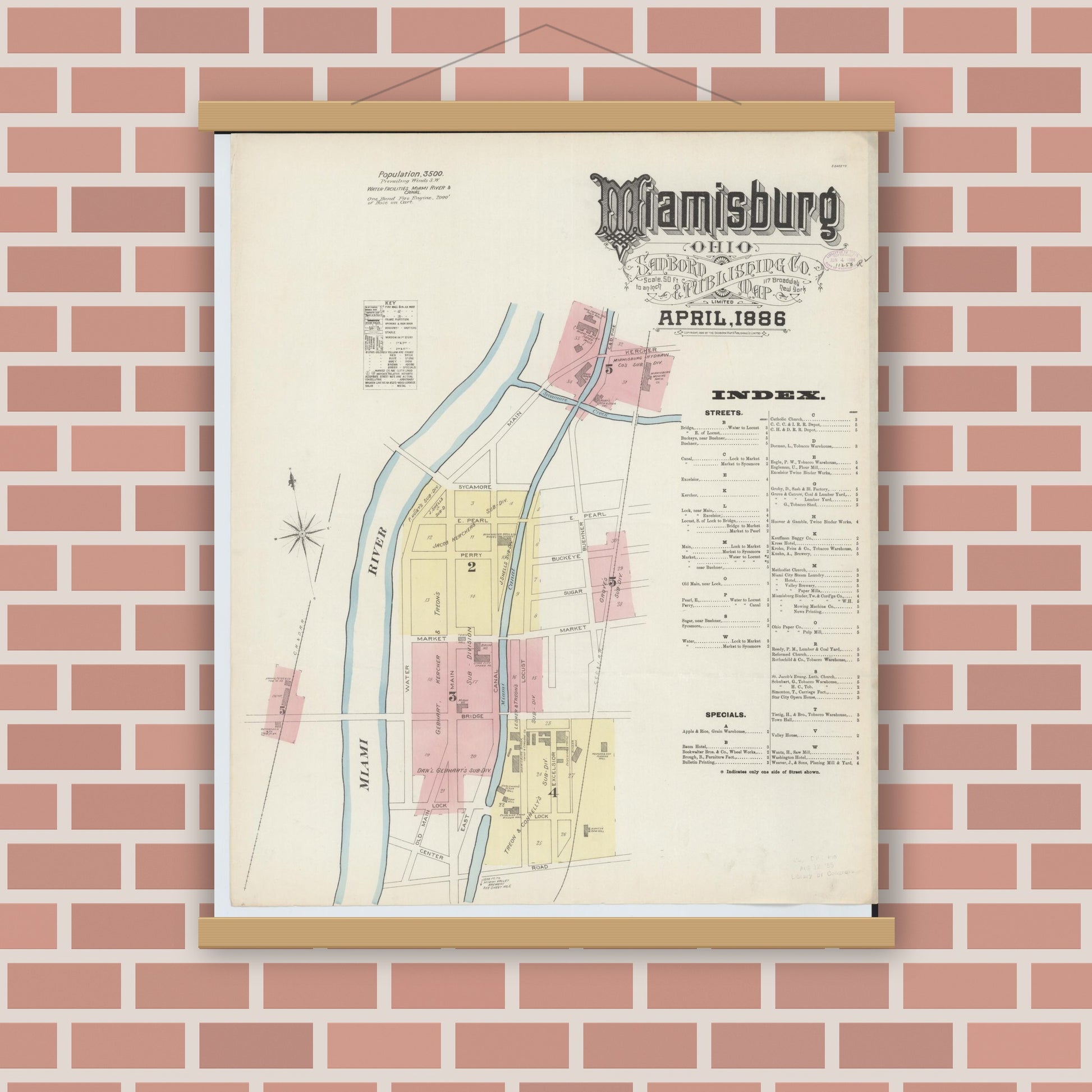 Old map wall art mockup — magnetic wood frame on brick wall — Sanborn Fire Insurance Map from Miamisburg, Montgomery County, Ohio (1886) - Complete Map Set