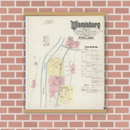 Old map wall art mockup — magnetic wood frame on brick wall — Sanborn Fire Insurance Map from Miamisburg, Montgomery County, Ohio (1886) - Complete Map Set