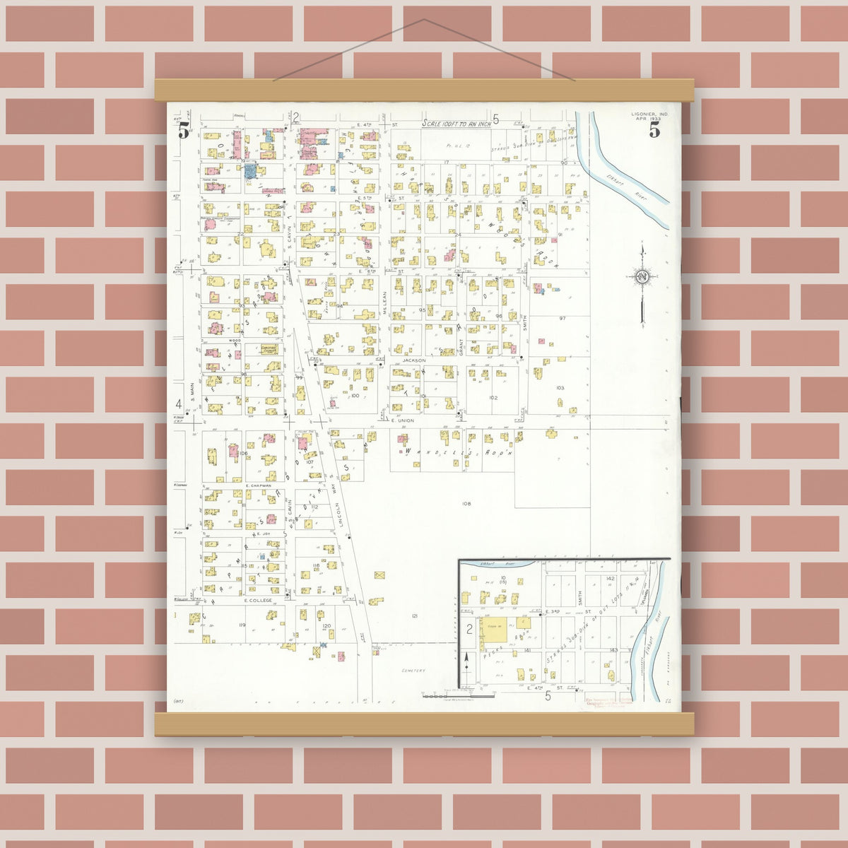 Old map wall art mockup — magnetic wood frame on brick wall — Sanborn Fire Insurance Map from Ligonier, Noble County, Indiana (1933), Sheet #0005