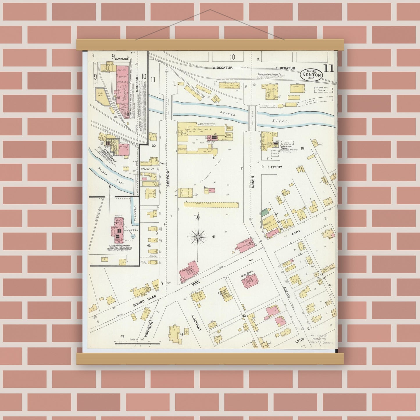 Old map wall art mockup — magnetic wood frame on brick wall — Sanborn Fire Insurance Map from Kenton, Hardin County, Ohio (1902), Sheet #0011