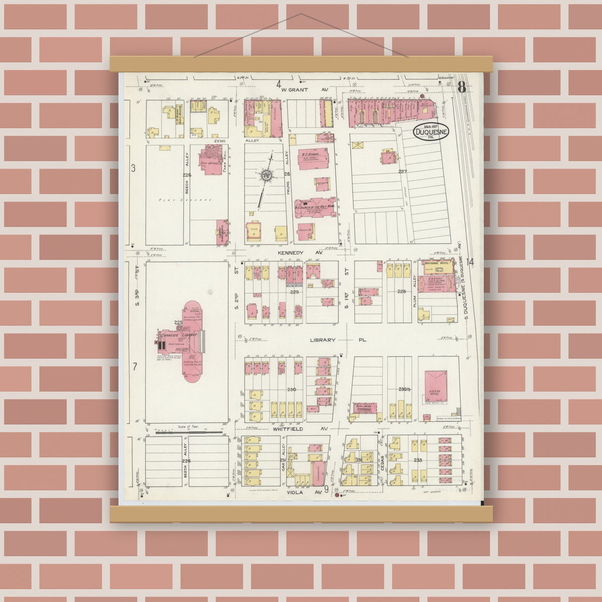 Old map wall art mockup — magnetic wood frame on brick wall — Sanborn Fire Insurance Map from Duquesne, Allegheny County, Pennsylvania (1917), Sheet #0008