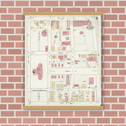 Old map wall art mockup — magnetic wood frame on brick wall — Sanborn Fire Insurance Map from Duquesne, Allegheny County, Pennsylvania (1917), Sheet #0008