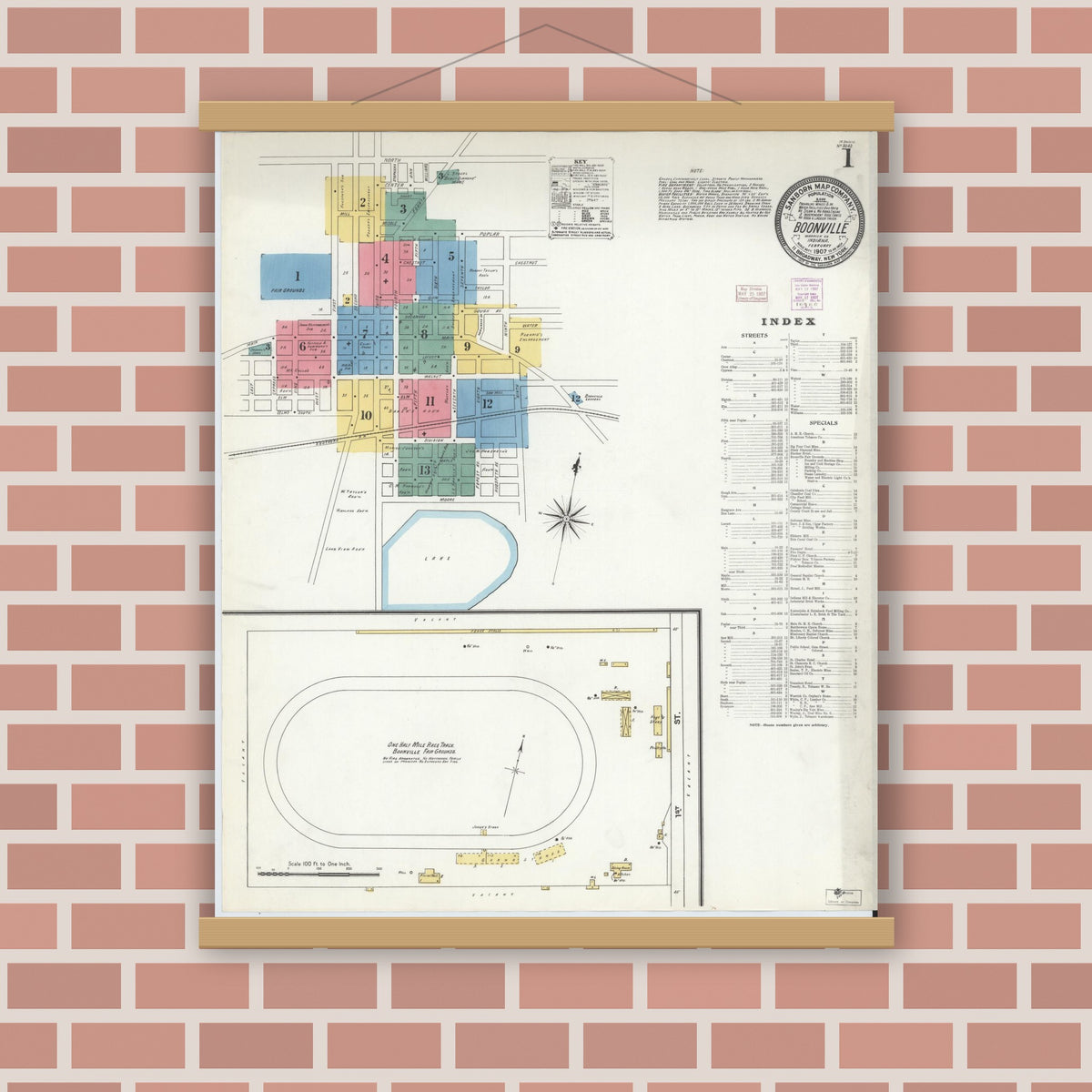 Old map wall art mockup — magnetic wood frame on brick wall — Sanborn Fire Insurance Map from Boonville, Warrick County, Indiana (1907), Sheet #0001