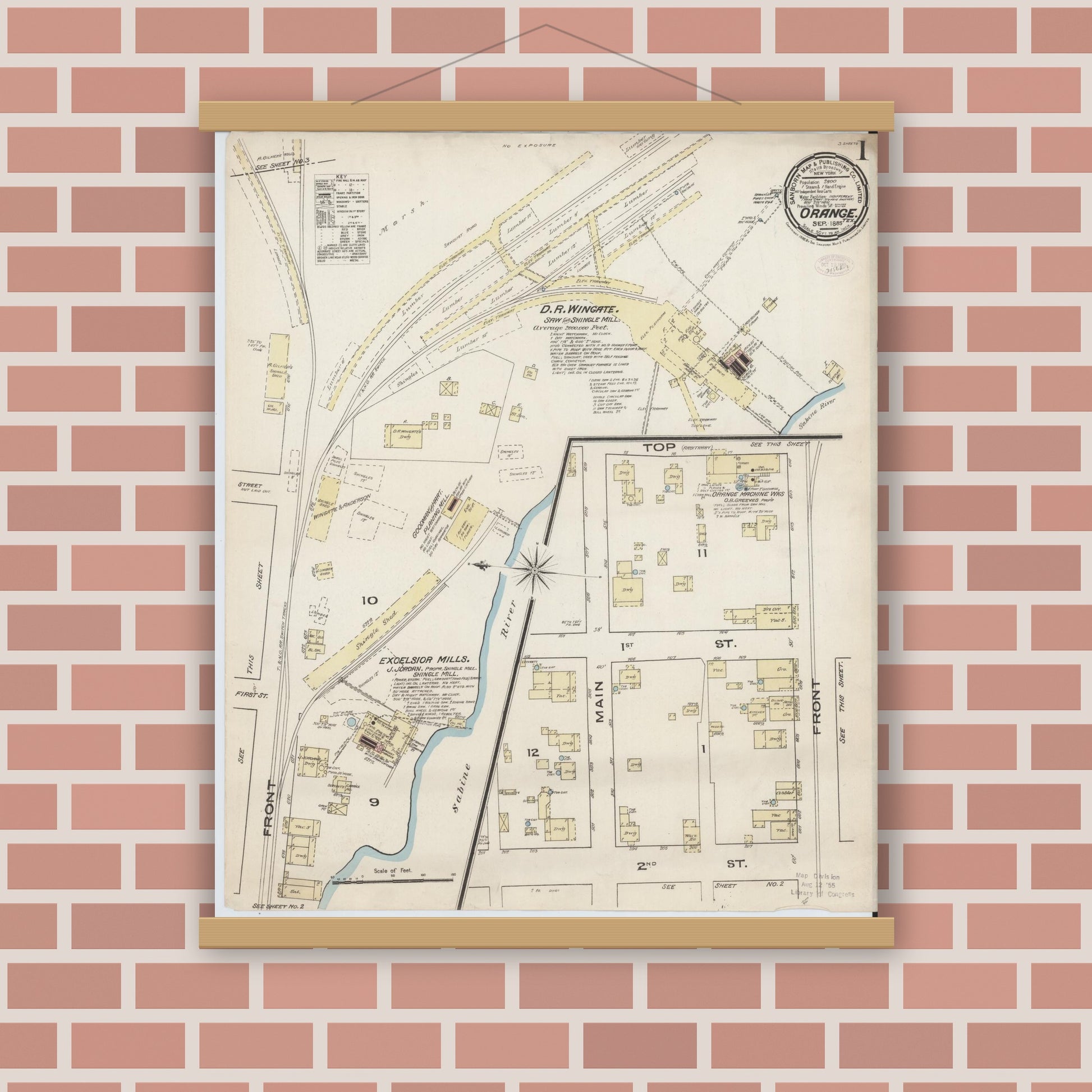 Old map wall art mockup — magnetic wood frame on brick wall — Sanborn Fire Insurance Map from Orange, Orange County, Texas (1885), Sheet #0001