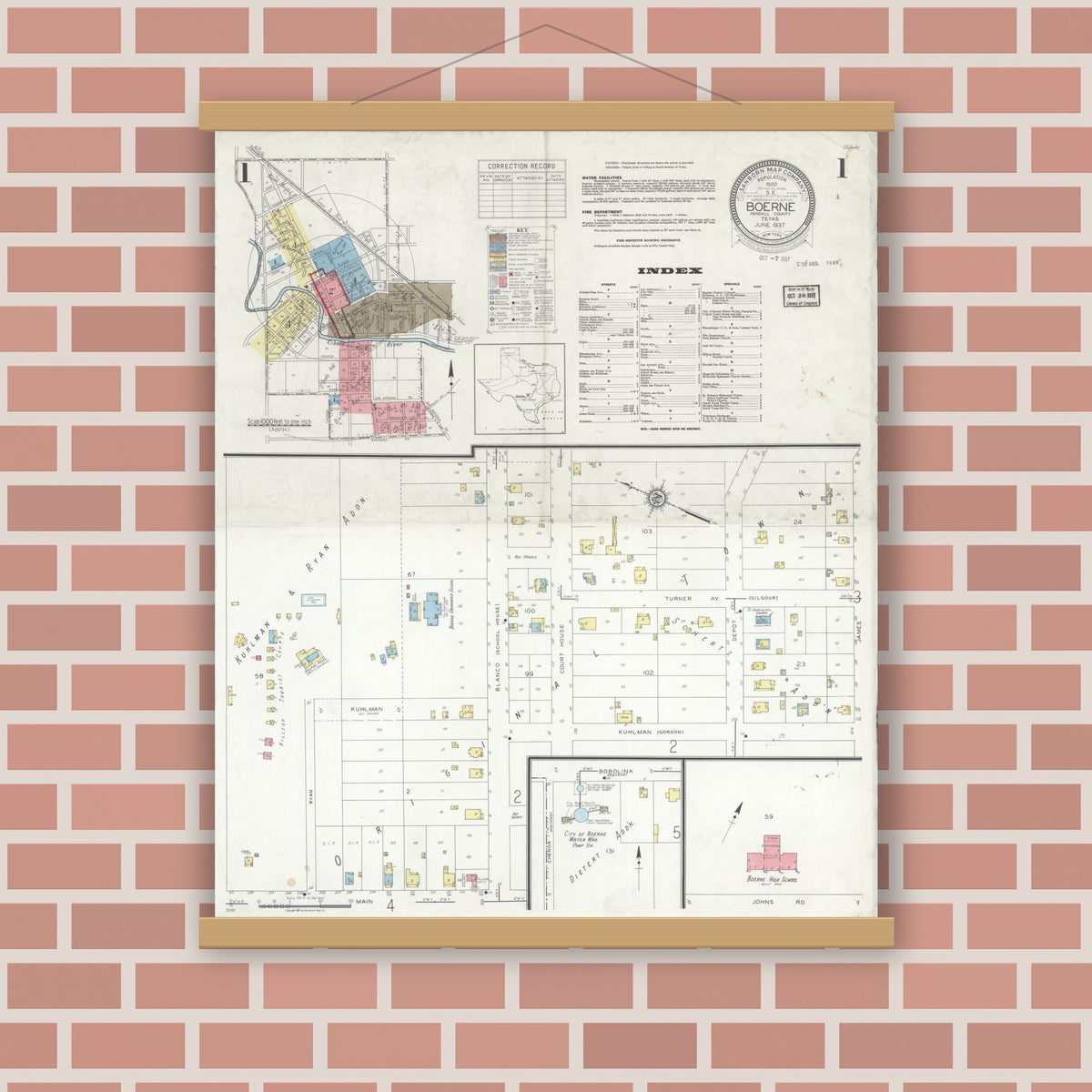 Old map wall art mockup — magnetic wood frame on brick wall — Sanborn Fire Insurance Map from Boerne, Kendall County, Texas (1937) - Complete Map Set