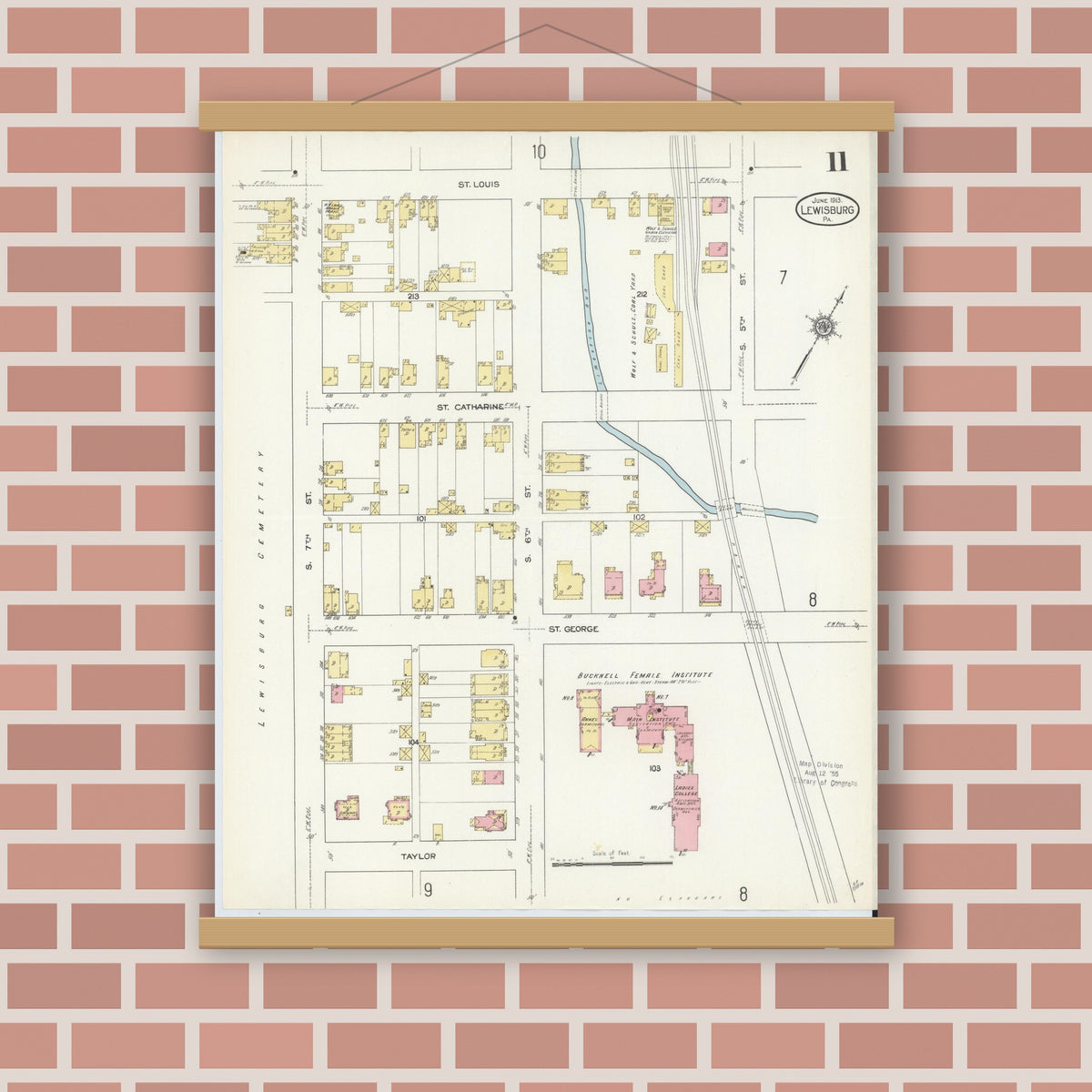 Old map wall art mockup — magnetic wood frame on brick wall — Sanborn Fire Insurance Map from Lewisburg, Union County, Pennsylvania (1913), Sheet #0011