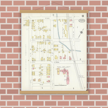 Old map wall art mockup — magnetic wood frame on brick wall — Sanborn Fire Insurance Map from Lewisburg, Union County, Pennsylvania (1913), Sheet #0011