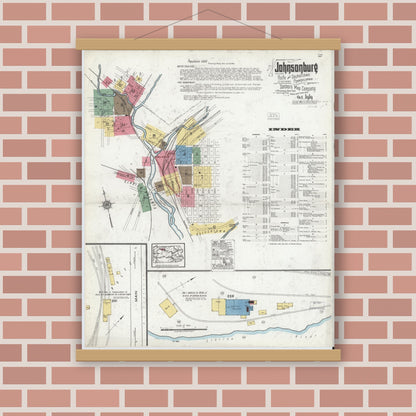 Old map wall art mockup — magnetic wood frame on brick wall — Sanborn Fire Insurance Map from Johnsonburg, Elk County, Pennsylvania (1919), Sheet #0001