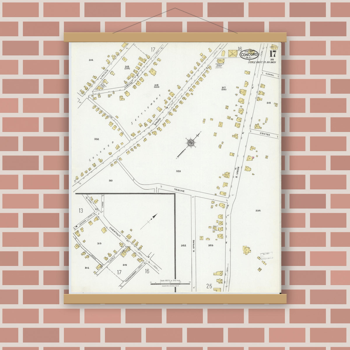 Old map wall art mockup — magnetic wood frame on brick wall — Sanborn Fire Insurance Map from Concord, Cabarrus County, North Carolina (1921), Sheet #0017