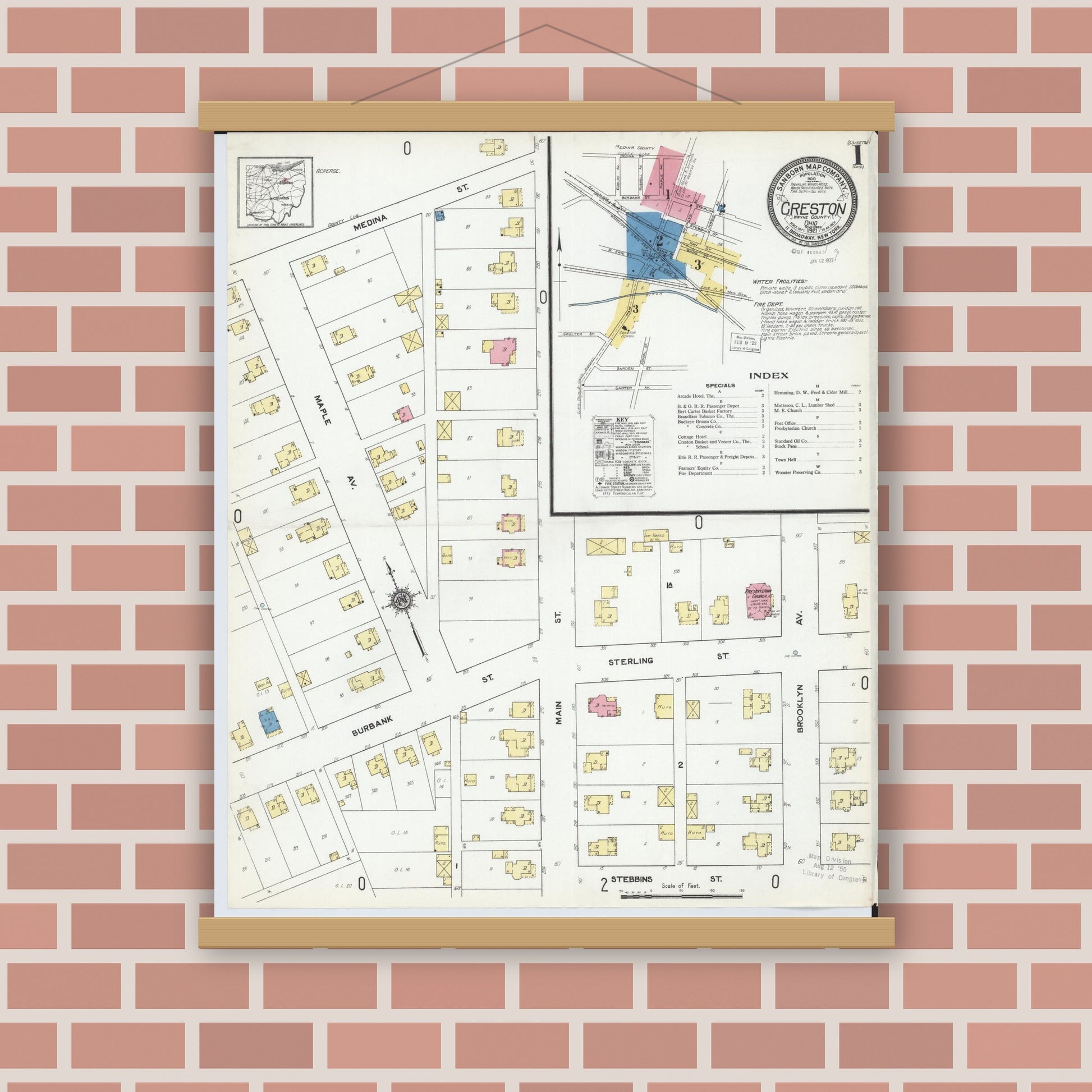 Old map wall art mockup — magnetic wood frame on brick wall — Sanborn Fire Insurance Map from Creston, Wayne County, Ohio (1921) - Complete Map Set