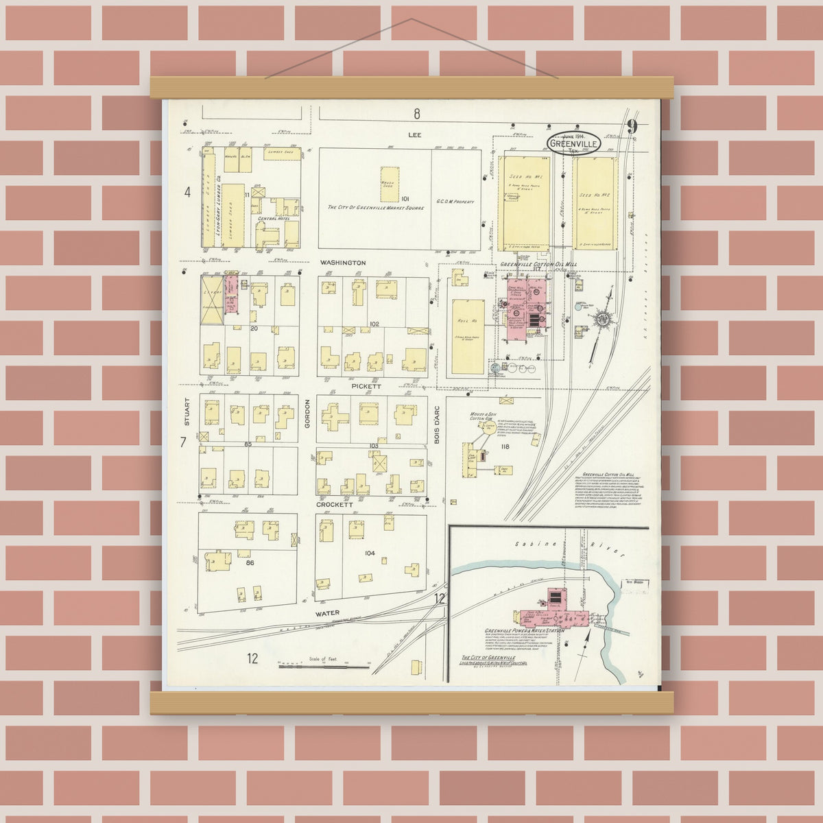 Old map wall art mockup — magnetic wood frame on brick wall — Sanborn Fire Insurance Map from Greenville, Hunt County, Texas (1914), Sheet #0009