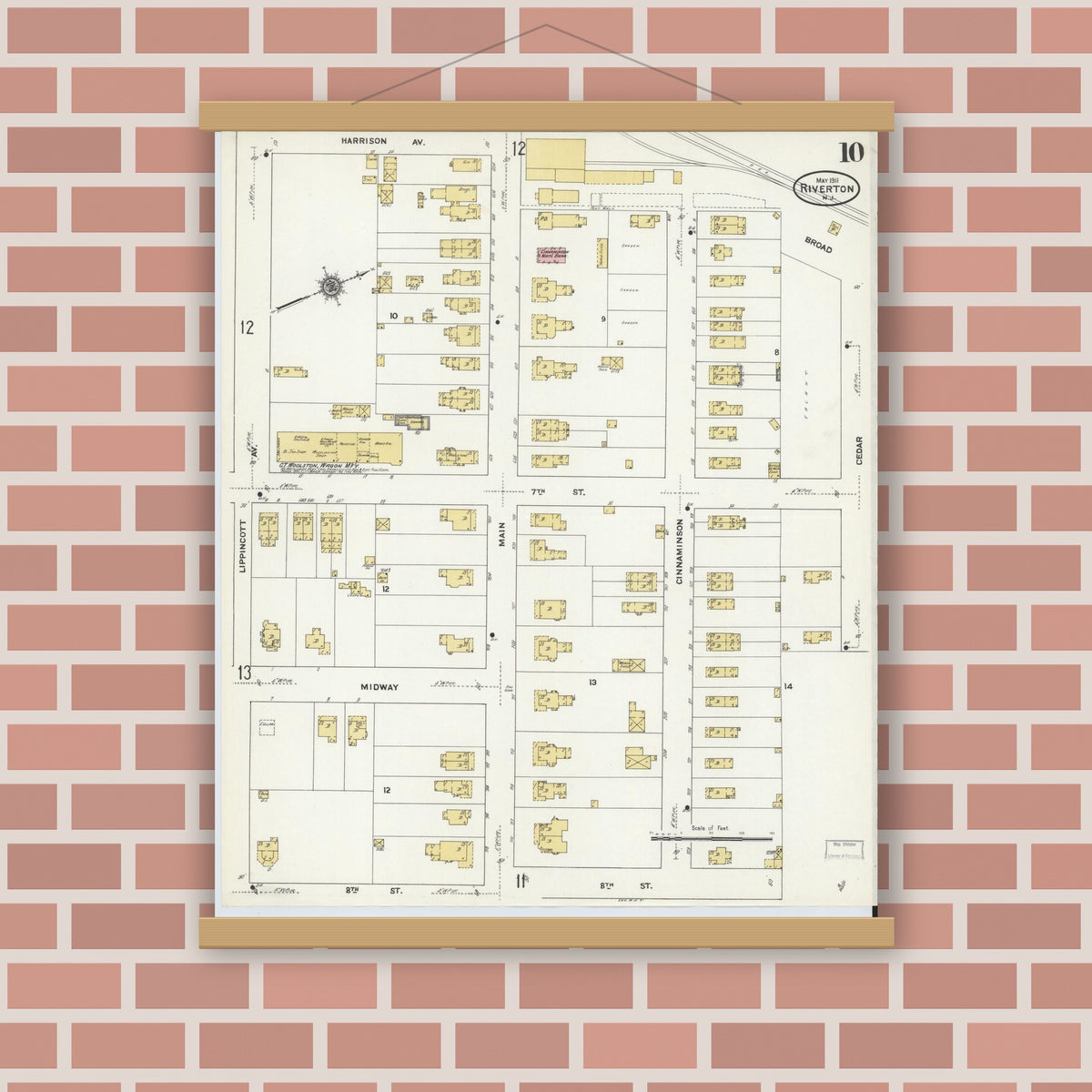 Old map wall art mockup — magnetic wood frame on brick wall — Sanborn Fire Insurance Map from Riverton, Burlington County, New Jersey (1911), Sheet #0010