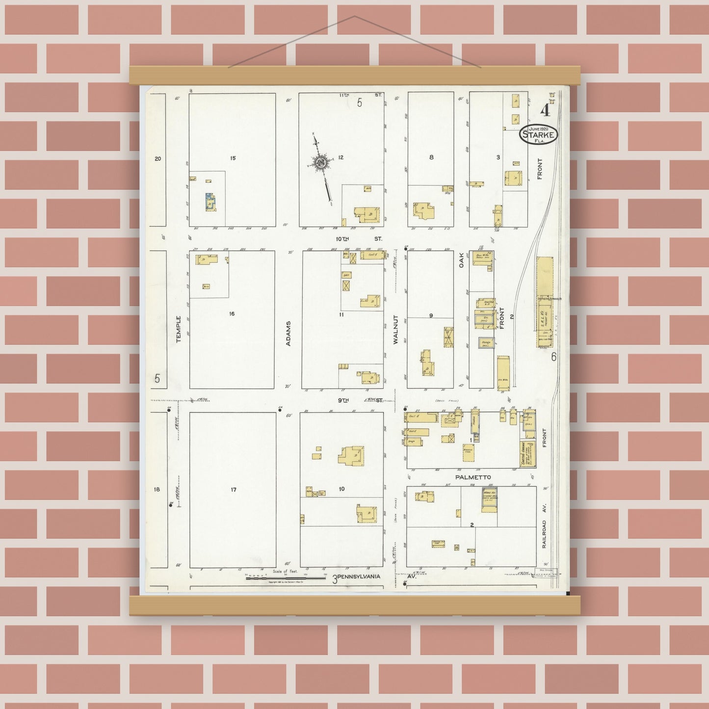 Old map wall art mockup — magnetic wood frame on brick wall — Sanborn Fire Insurance Map from Starke, Bradford County, Florida (1920), Sheet #0004