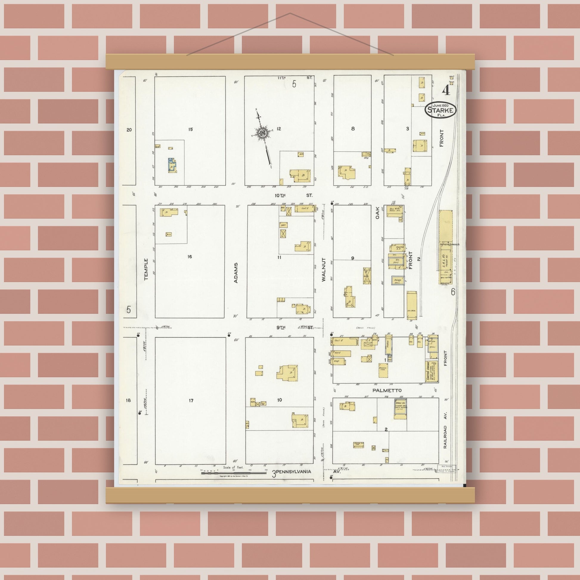 Old map wall art mockup — magnetic wood frame on brick wall — Sanborn Fire Insurance Map from Starke, Bradford County, Florida (1920), Sheet #0004