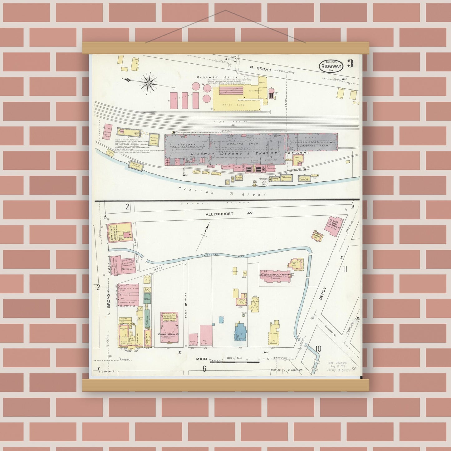 Old map wall art mockup — magnetic wood frame on brick wall — Sanborn Fire Insurance Map from Ridgway, Elk County, Pennsylvania (1909), Sheet #0003