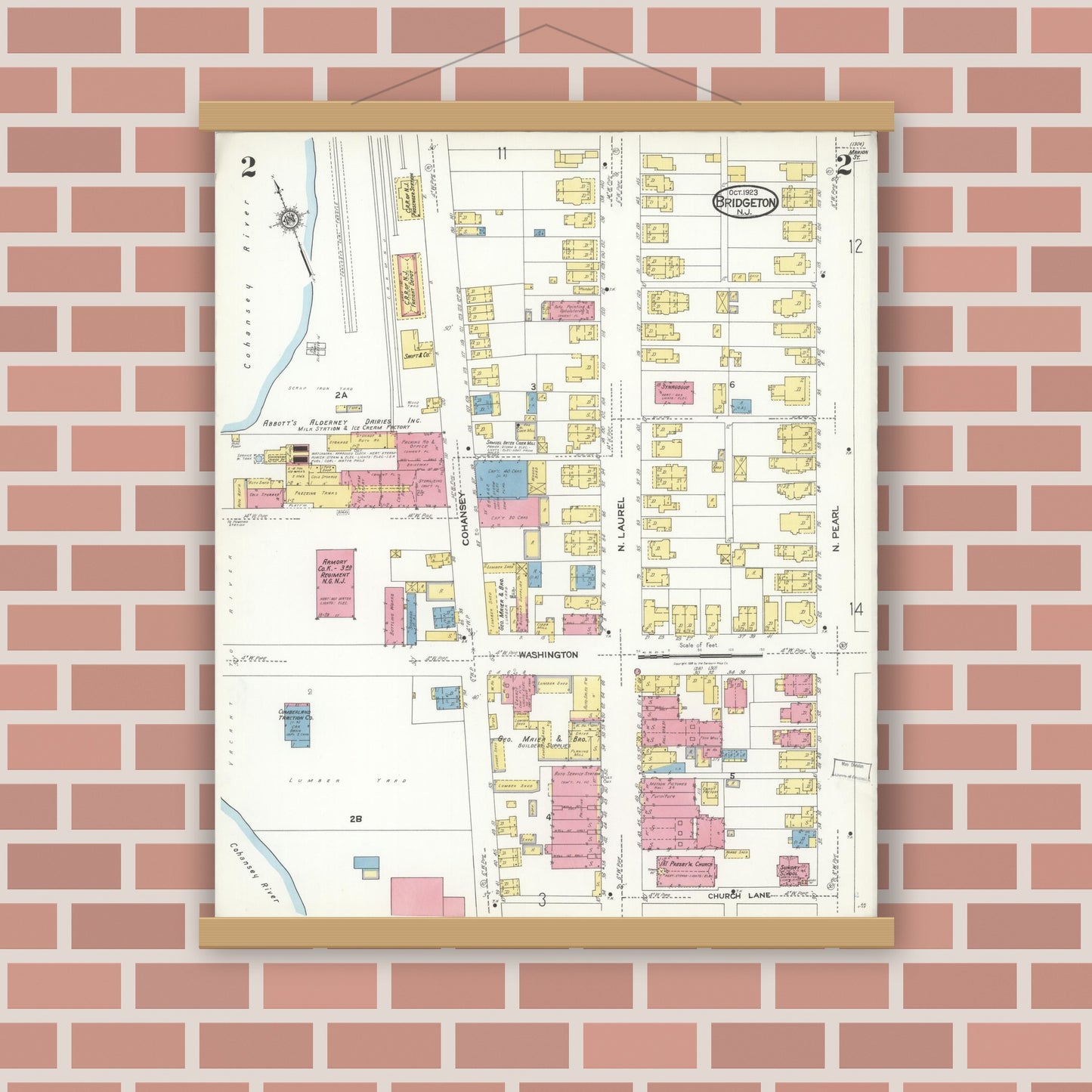 Old map wall art mockup — magnetic wood frame on brick wall — Sanborn Fire Insurance Map from Bridgeton, Cumberland County, New Jersey (1923), Sheet #0002