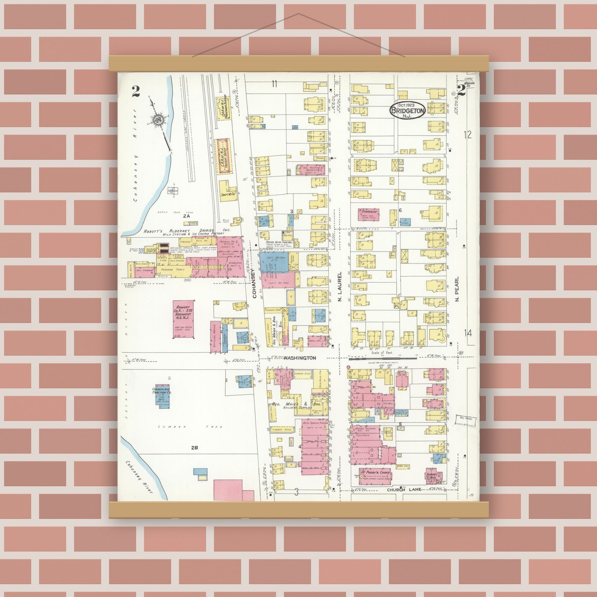 Old map wall art mockup — magnetic wood frame on brick wall — Sanborn Fire Insurance Map from Bridgeton, Cumberland County, New Jersey (1923), Sheet #0002