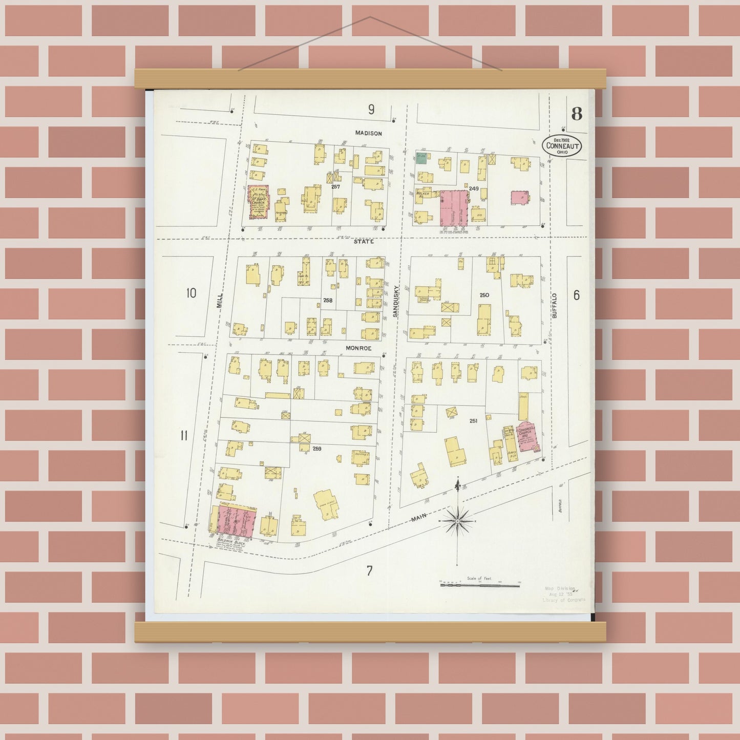 Old map wall art mockup — magnetic wood frame on brick wall — Sanborn Fire Insurance Map from Conneaut, Ashtabula County, Ohio (1902), Sheet #0008