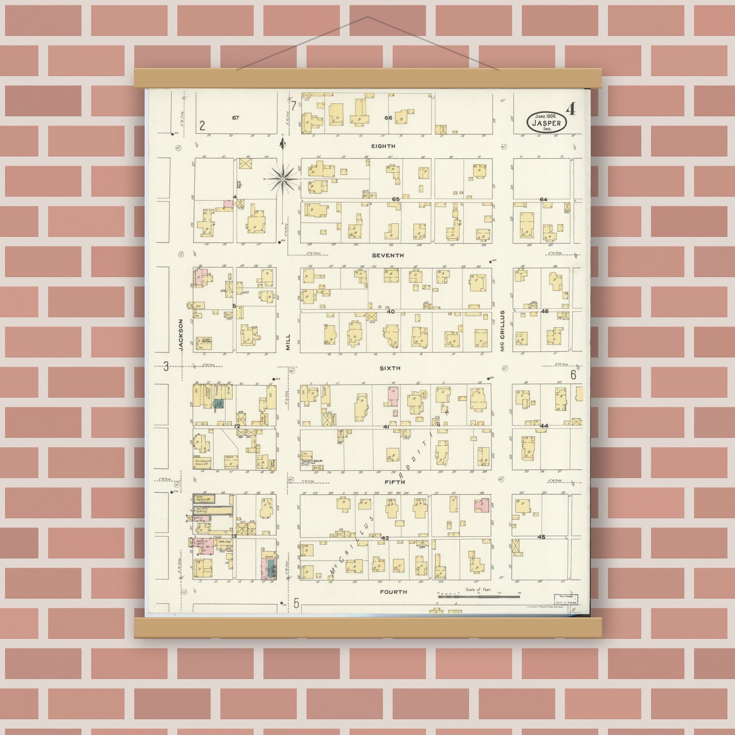 Old map wall art mockup — magnetic wood frame on brick wall — Sanborn Fire Insurance Map from Jasper, Dubois County, Indiana (1909), Sheet #0004