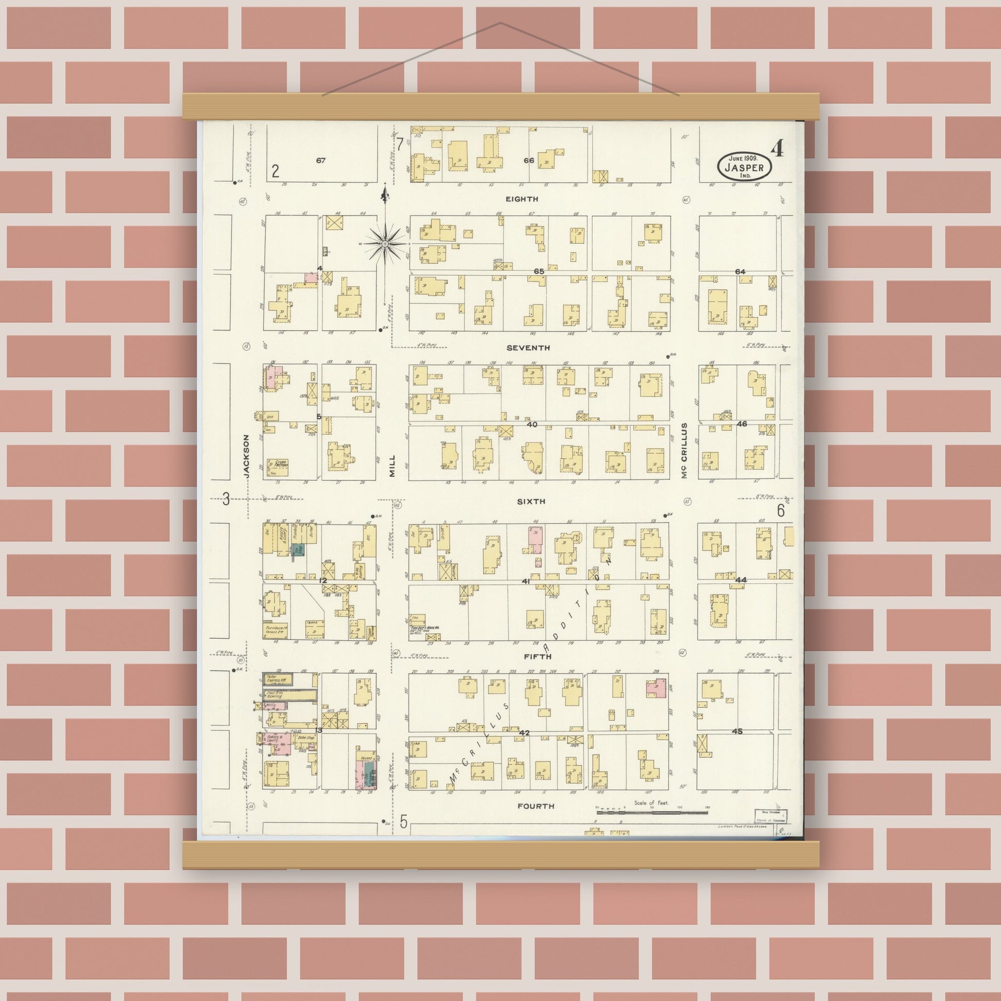Old map wall art mockup — magnetic wood frame on brick wall — Sanborn Fire Insurance Map from Jasper, Dubois County, Indiana (1909), Sheet #0004